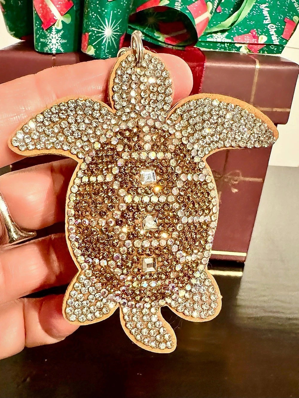 Rhinestone Turtle bag charm Keychain in Gold & Tan
